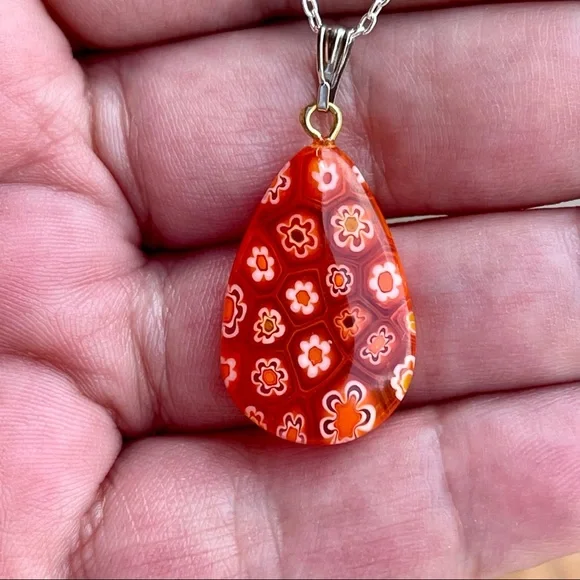 Orange & white Murano glass millefiori teardrop charm 925 sterling silver chain - Picture 1 of 7